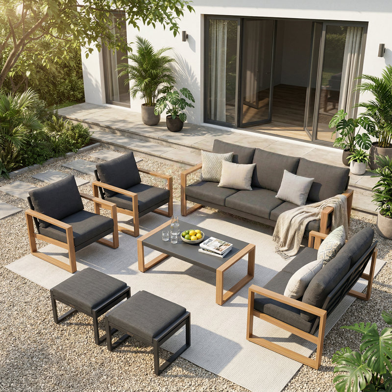 Arunas 7 Person Outdoor Conversation Furniture Set Seating Group With Wood Pattern And Cushions