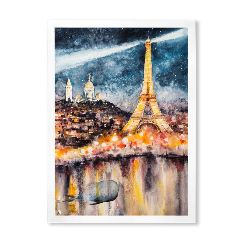 «Paris At Night with Bright Shining Eiffel Tower», reproduction sur toile, H 12 po x l 8 po x P 1 po, Cadre photo blanc