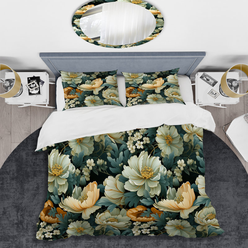 Botanical Green Damask Harmony I - Ensemble de housse de couette damassé, Housse de couette pour très grand lit et 2 très