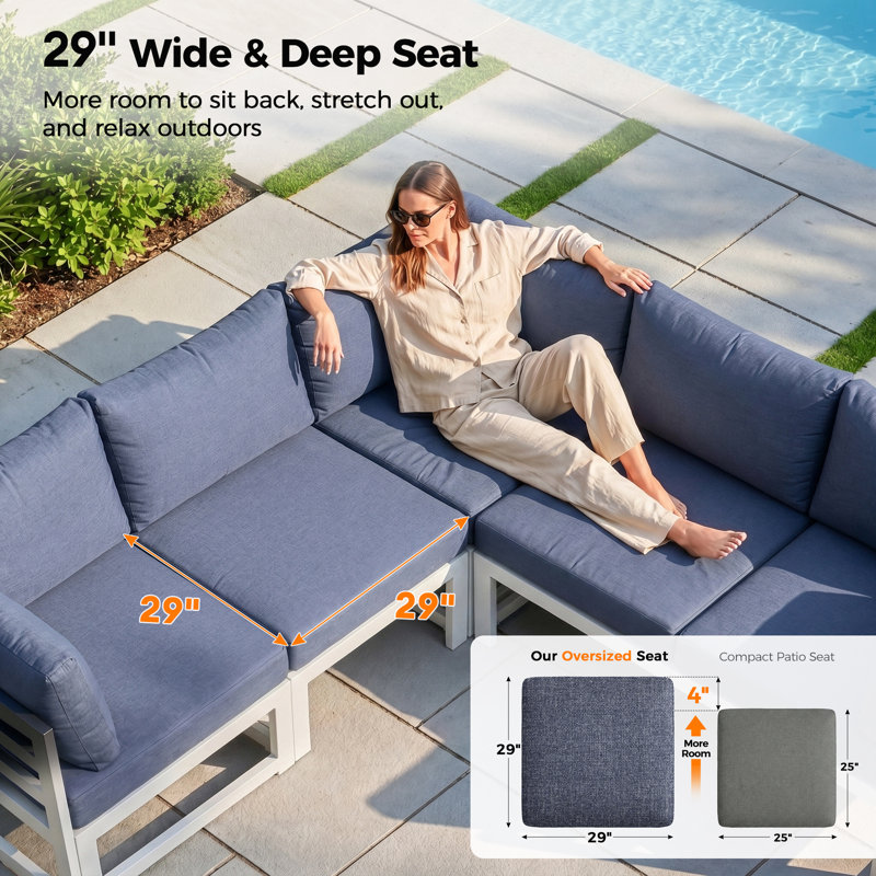 Anevaeh 8-Person Outdoor Patio All-Aluminum Sectional Conversation Set with Fire Pit Table and Cushions, White , Denim Blue
