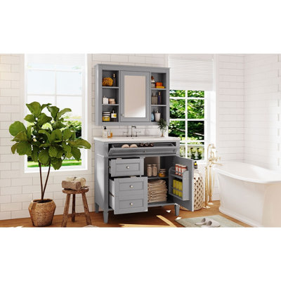 Meuble-lavabo de 36 po avec armoire à pharmacie, armoire de rangement moderne avec 2 portes à fermeture douce et 4 tiroirs, meuble-lavabo simple (identique à SW000134AAE)