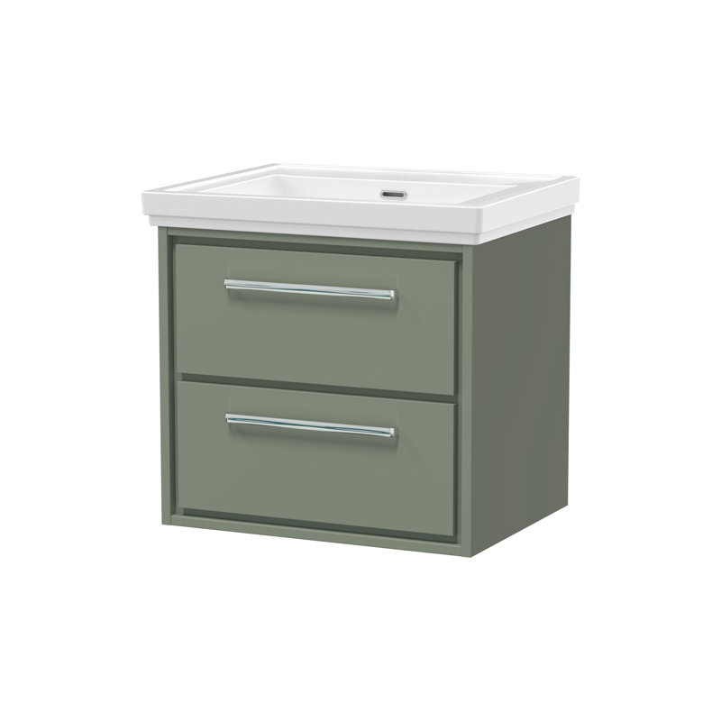 Hudson Reed Lille 600mm Fern Green 2 Drawer  Wall Hung Vanity Unit With Fireclay Basin, Fern Green, 63cm W