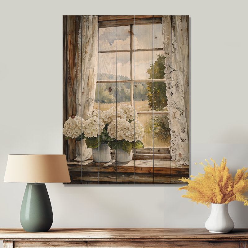 Farmhouse Hydrangeas And Lace Curtains I - Hydrangea Wood Wall Art - On Natural Pine Wood, 40" H x 30" W x 0.78" D