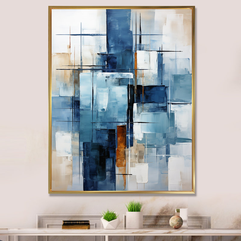 Cerulean Cubism Shapes - Art abstrait sur toile, formes abstraites, Cadre flottant doré, H 20 po x l 12 po x P 1 po