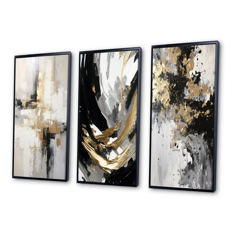 Essential Bliss Minimalism Abstract Gold Painting - Abstract Painting Art Set Of 3 Pieces, Cadre flottant noir