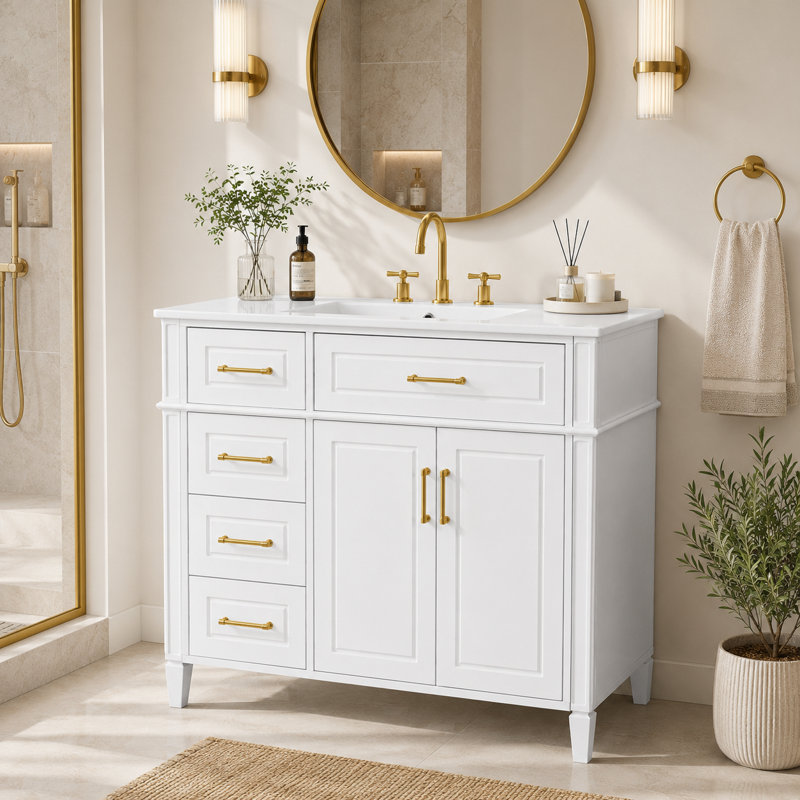 Meuble-lavabo blanc en céramique de deux pièces de 36 pouces avec tiroirs rabattables et quatre tablettes en bois de pin.