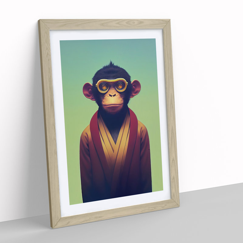 Futuristic Monkey - Single Picture Frame Print, 64cm H x 46cm W x 2cm D, Oak