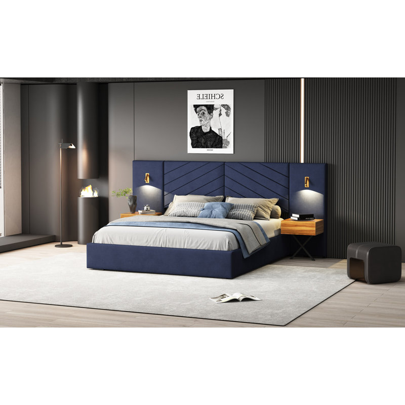 Velvet Bed Frame/Vertical Channel Tufted Wingback Headboard, Queen