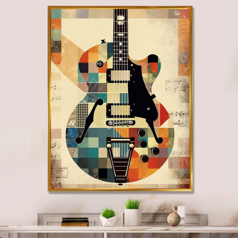 Cubisme de guitare - musique, art mural pour le salon, H 32 po x l 24 po x P 1 po, Cadre flottant doré