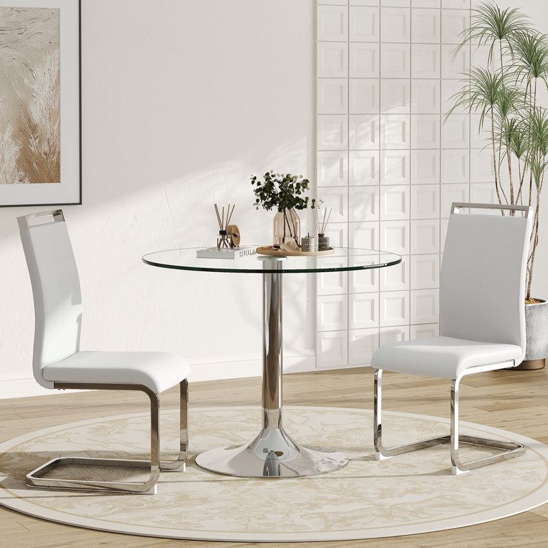 Ensemble de table de salle à manger moderne en verre trempé avec chaises rembourrées en similicuir, Blanc