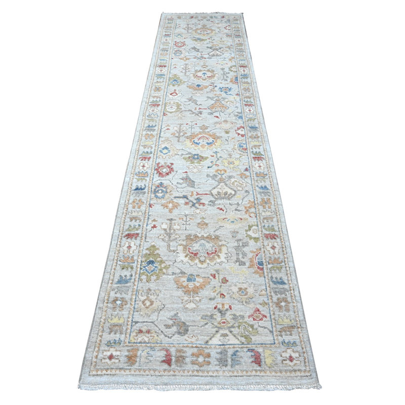 Tapis de couloir oriental à motif de trame en laine Grey Angora Oushak 2 pi 8 po x 12 pi 0 po Harbor