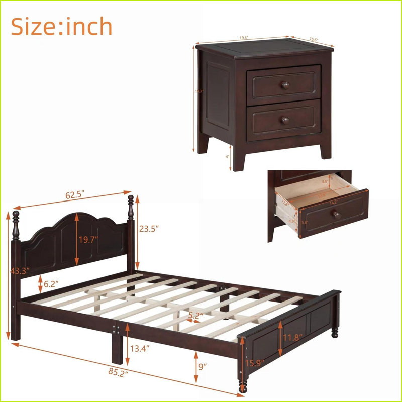 Ensemble de mobilier de chambre à coucher 3 pièces: grand rétro brun noyer avec 2 tables de chevet | Lits à lattes / broches | Bois