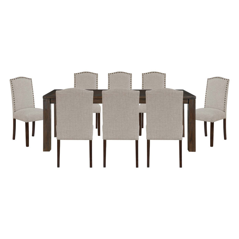 Table moderne avec finition brun foncé 9 pièces et 8 chaises d'appoint rembourrées en tissu, 9 pièces : table, 8 chaises