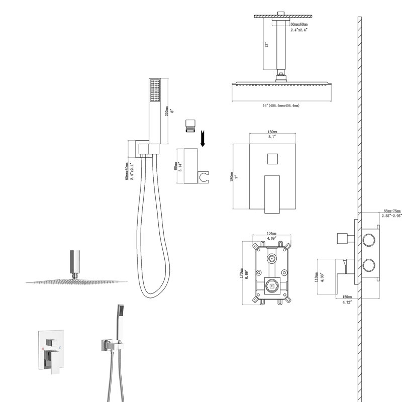 Dual Function Shower - 16 Inch Ceiling Mount Square With Rainfall And Hose Kit System In Head Handheld Functions, Chrome