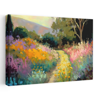 Fleur bordée de chemin coloré, paysage romantique paisible, art mural