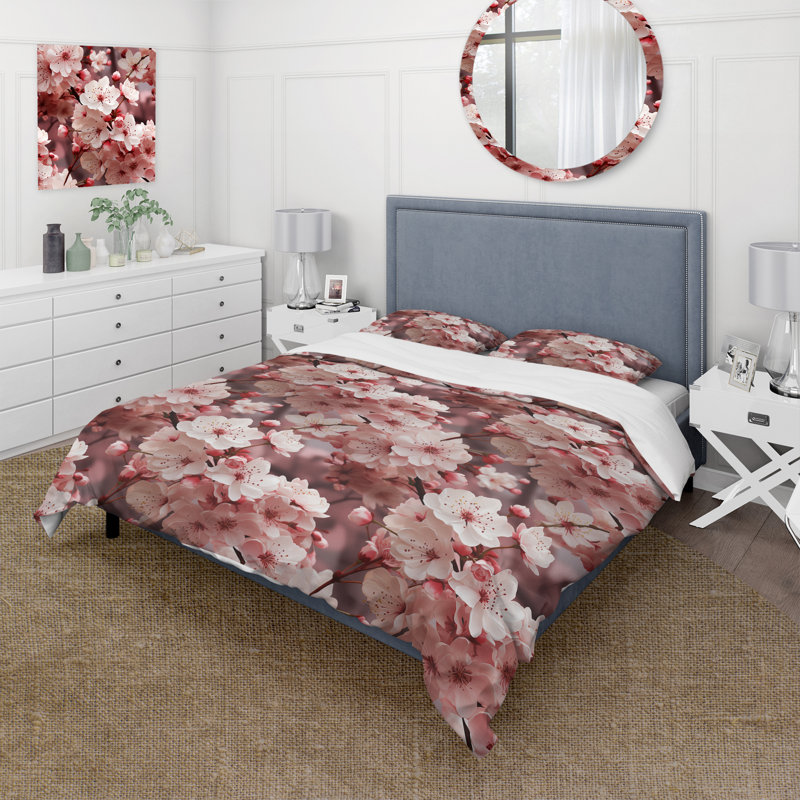 Cherry Blossom Delight II - Oriental Duvet Cover Set, Twin Duvet Cover + 1 Standard Sham
