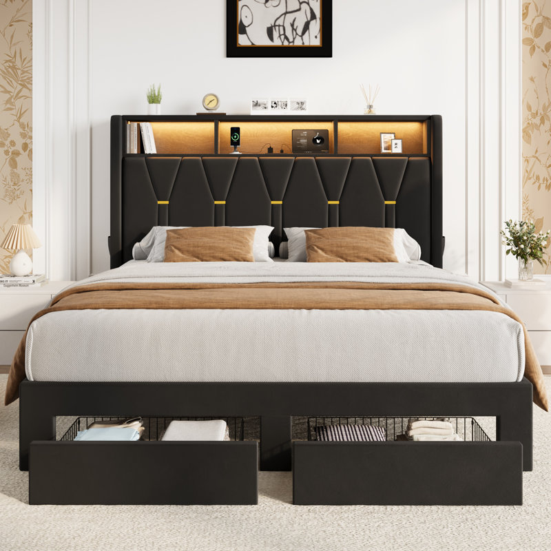 Lit plateforme tapissier moderne en velours avec tête de lit à oreilles, station de charge, lumières DEL et 2 tiroirs, Black