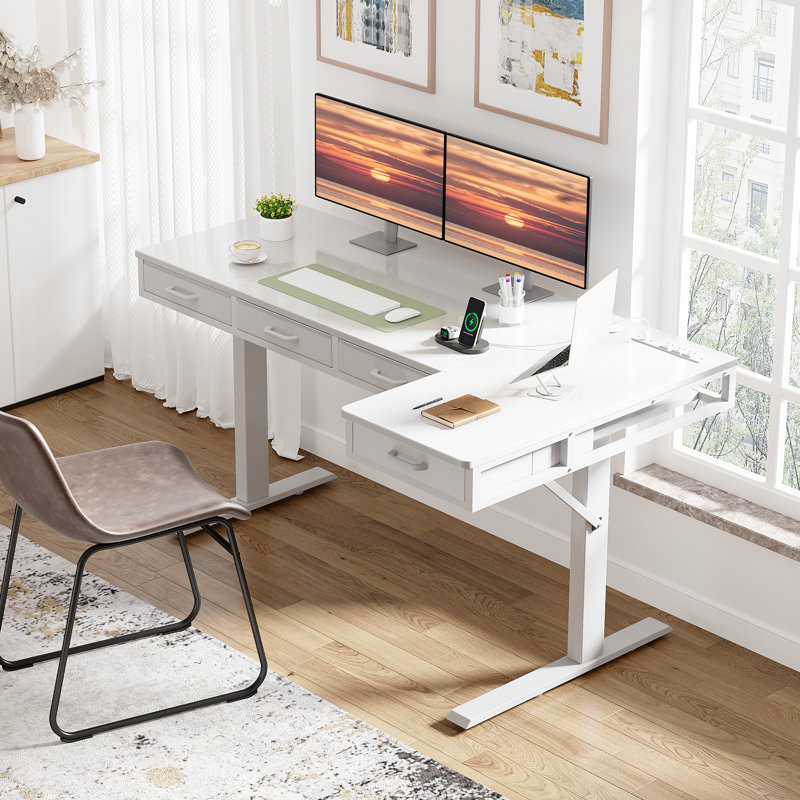 Bureau électrique debout avec 4 tiroirs sous le bureau, bureau réglable en hauteur avec prises de courant intégrées, bureau debout avec structure réversible, bureau personnel avec plateau caché pour la gestion des câbles
