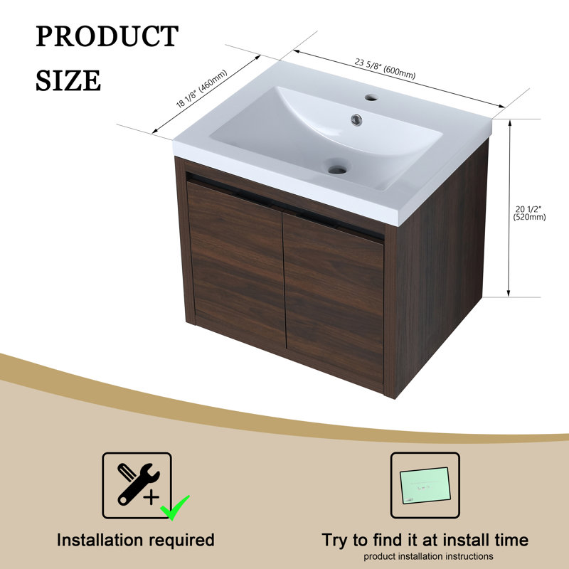 Meuble-lavabo mural simple 23,63 po avec plateau en résine Haisten, Brun