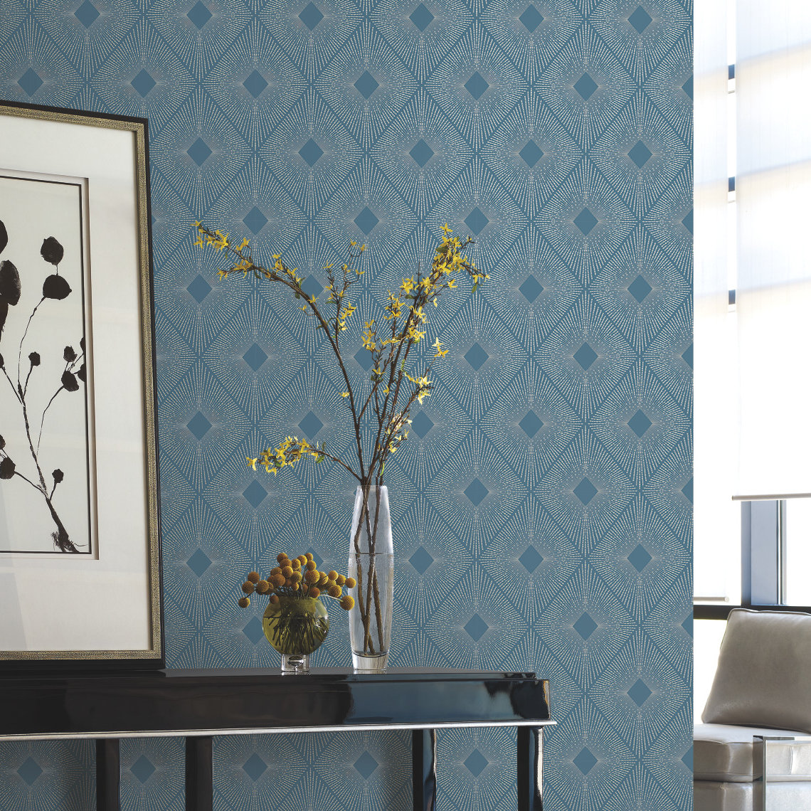 Antonina Vella Modern Metals Modern Geometric Wallpaper, Blue/Silver