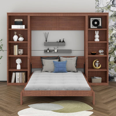 Lit escamotable double avec bureau, cadre de lit mural pliable peu encombrant avec tablettes de bibliothèque, armoire de lit murale cachée pour adultes
