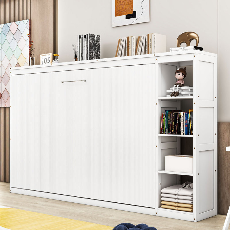 Lit escamotable en bois avec bibliothèque, Double, Blanc