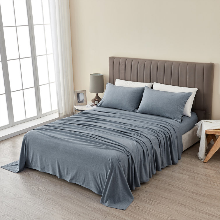 4-Piece King Sheet Set - Cotton Blend Jersey Knit Bedding, Heathered Denim Blue - Great Bay Home