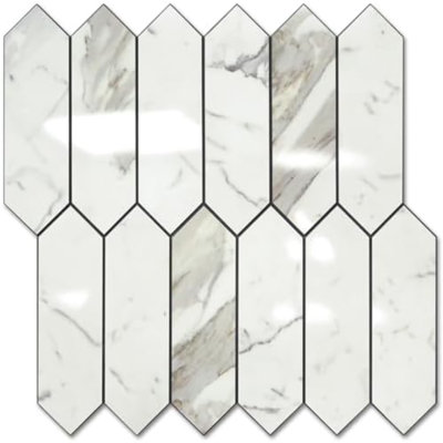 Glossy Carrara White Backsplash Tile Peel And Stick, 12.8 X 12.8 Inch 10 Sheets Long Hexagon PVC Self Adhesive Mosaic Wall Tiles Stick On Backsplash For Kitchen And Bathroom