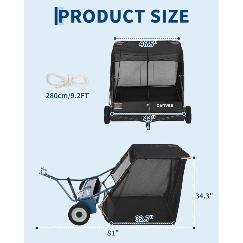44" Tow Behind Lawn Sweeper, 29 Cu.ft Extra-Large Capacity Pull Behind Grass Sweeper with Easy Dump Rope, Heavy Duty Leaf Collector for Riding Mower & Tractor, Black