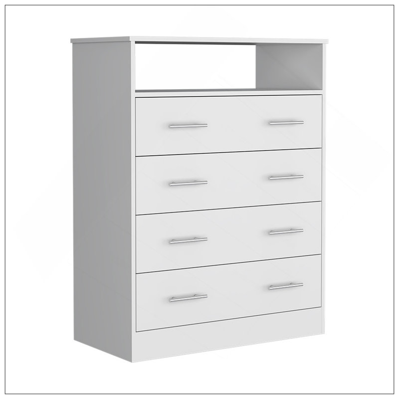 Four Drawer Dresser, Superior Top, One Open Shelf, White, White