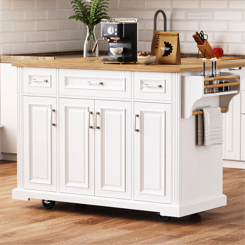 Grand îlot de cuisine de 54 pouces avec abattant en bois d'hévéa, chariot de cuisine à roulettes en relief sur 4 roues avec 4 portes et 3 tiroirs, îlot de cuisine avec rangement pour la cuisine, la salle à manger