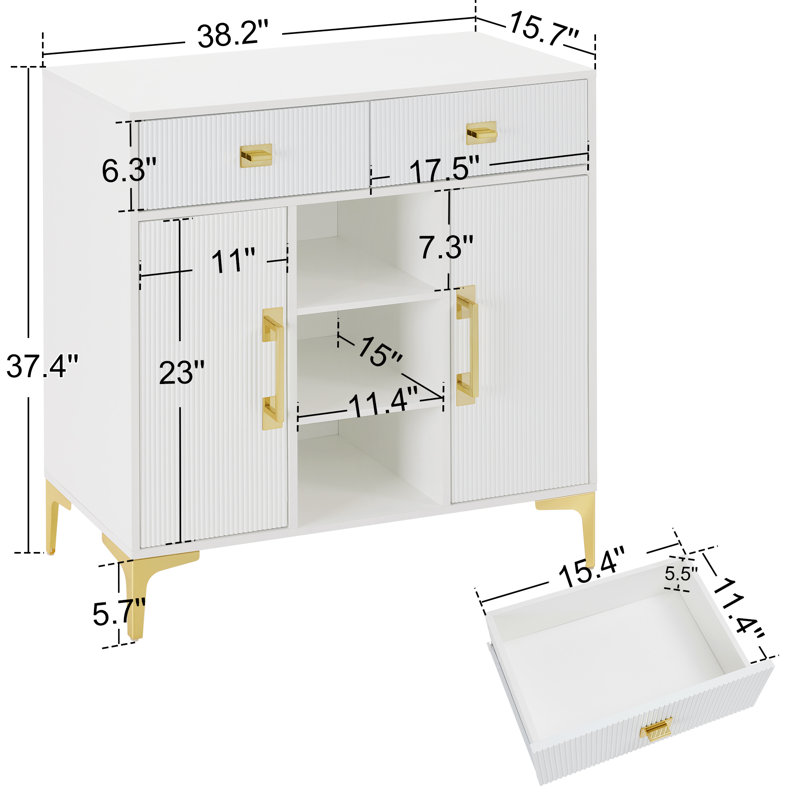 Fluted Accent Cabinet with 2 Drawers, Open Shelves & 2 Adjustable Cabinet Space, White