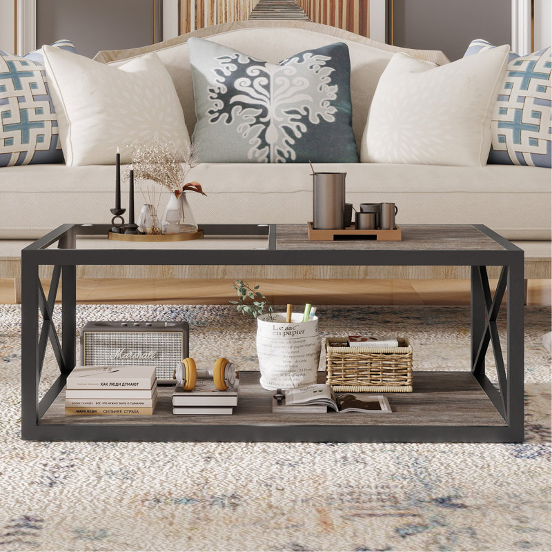 Table basse moderne pour chambre à coucher et salon, verre trempé et bois aggloméré rustique, table basse de style industriel