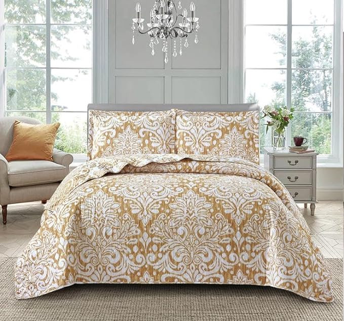 Andrena Bedspread with Pillow Shams Included, Super King Bedspread + 2 Standard Pillow Shams, Damask, Gold