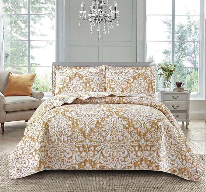 Andrena Bedspread with Pillow Shams Included, Super King Bedspread + 2 Standard Pillow Shams, Damask, Gold