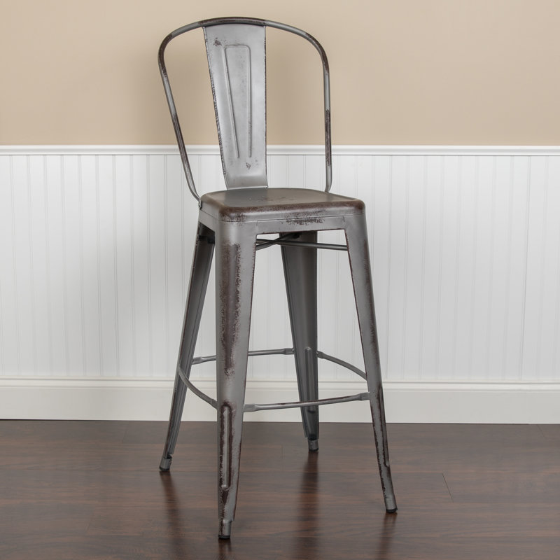 Commercial Grade Distressed Metal Indoor-Outdoor Counter Height Stool with Back, Grey, Bar Stool (30" Seat Height)