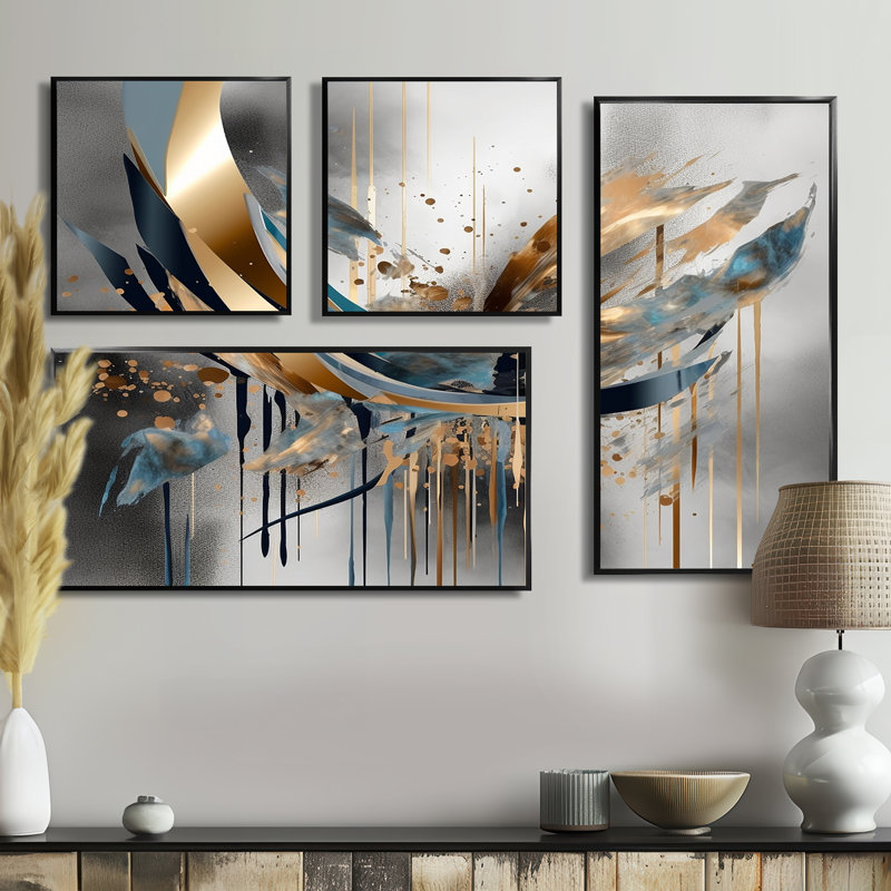 Formes abstraites et lignes infinies II - art mural moderne 4 pièces, Impression encadrée sans passe-partout, Noir