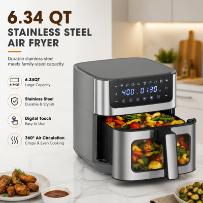 Friteuse à air de 6,34 pte avec fenêtre de visualisation, friteuse en acier inoxydable 8-en-1, rôti, réchauffé, cuit