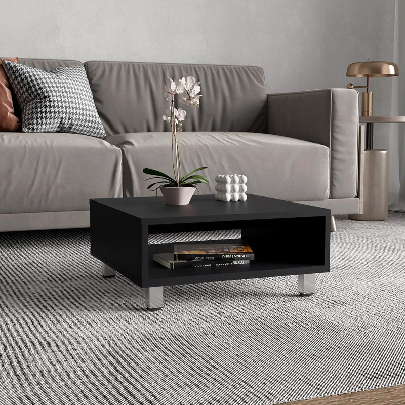 10" H Low Minimalistic Square Coffe Table With Open Storage, Black