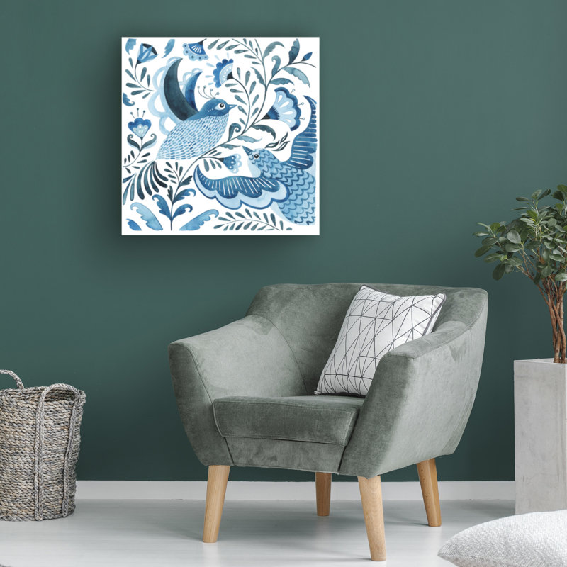 Grace Popp «Blue Bird Folk I», art sur toile, H 35 po x l 35 po