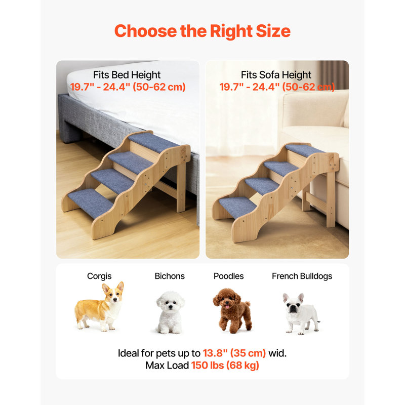 Escalier pour animaux de compagnie en bois à 4 marches, 74 cm L x 43 cm l x 50 cm H, en bois massif, rampe monobloc pour chien, surface antidérapante en polyester naturel, capacité de 68 kg pour lits hauts