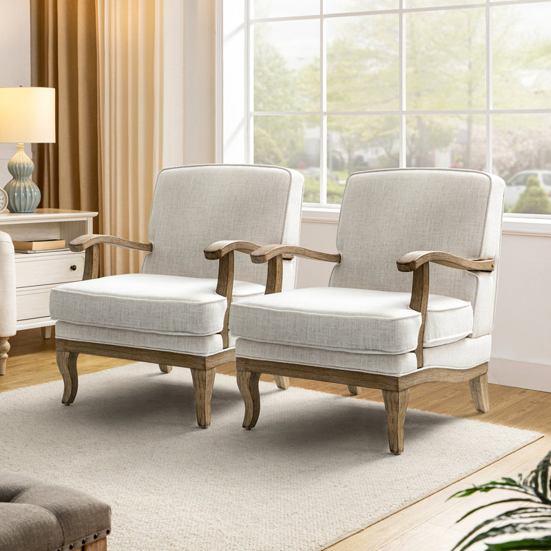 Amilio 71.1cm W Farmhouse Polyester Armchair with Solid Wood Legs Set of 2, Ivory