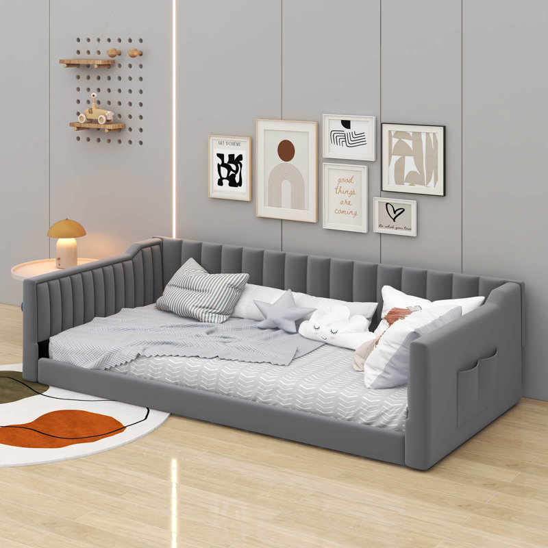 Upholstery Daybed With Side Storage Pocket, Gray, Twin Extra-Long