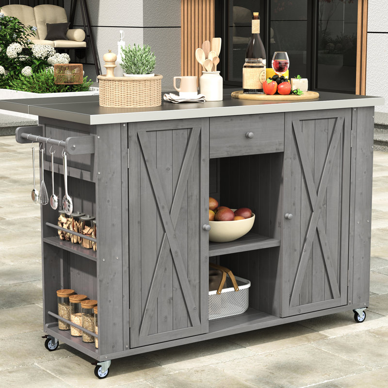 Grey Outdoor Kitchen Island - Solid Fir Wood & Stainless Steel, Foldable Tabletop, Versatile Storage, Towel Rack, Spice Built-In Bottle Opener, Lockable Wheels For Functional And Relaxing Gatherings
