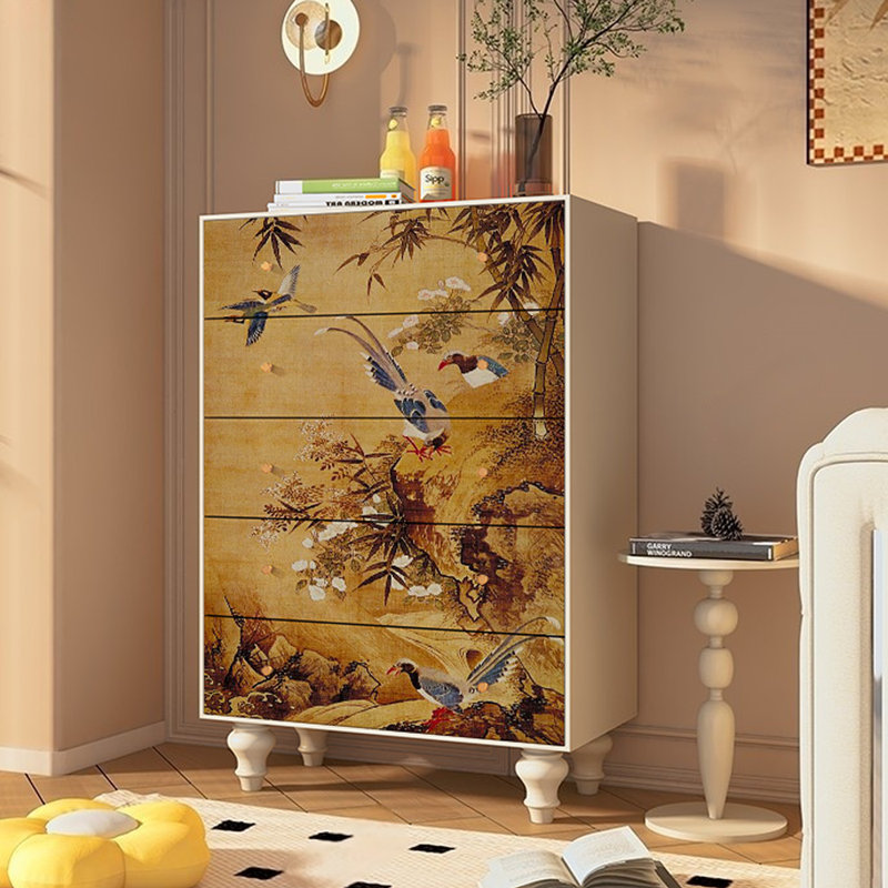 Retro Five-Drawer Storage Cabinet  Accent Chest, Yellow/Ivory White