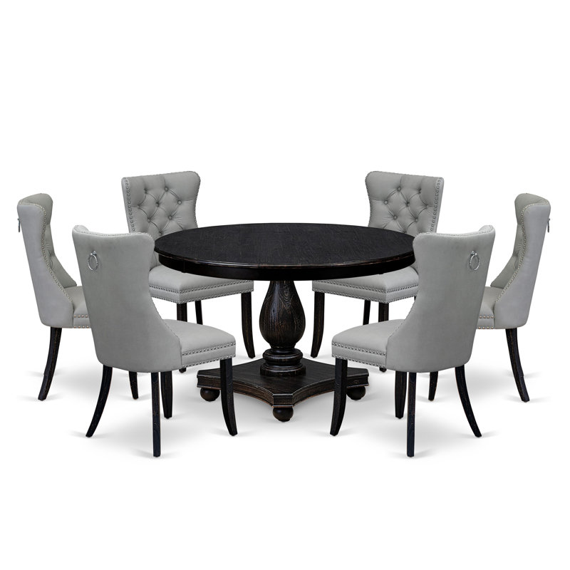 7 Piece Dining Table Set Contains a 48" Round Table with Pedestal and 6 Light Gray Polyester Fabric Upholstered Chairs, Sand Blasted Black
