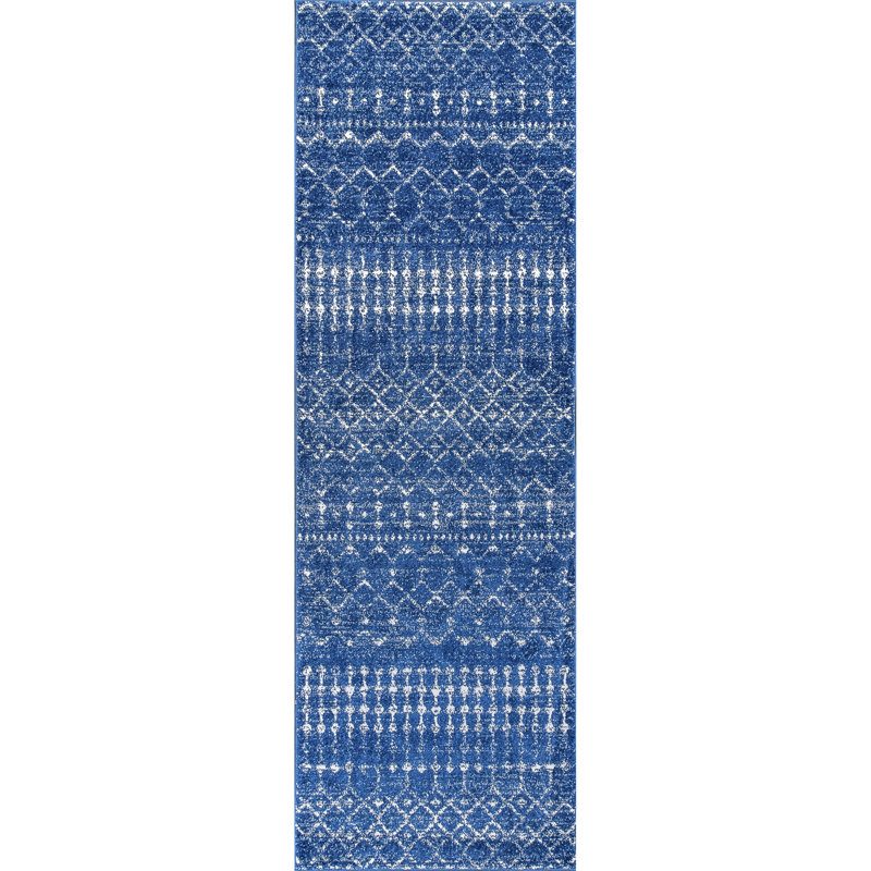 Maslah Geometric Moroccan Power Loom Performance Blue Rug, Oval 3' x 5'