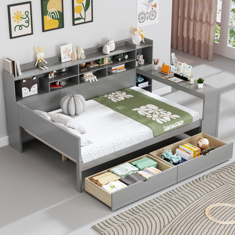 Gray Full Size Multi-Functional Daybed With Storage And Study Desk For Bedroom Functionality Wooden Drawers Utility Maximization