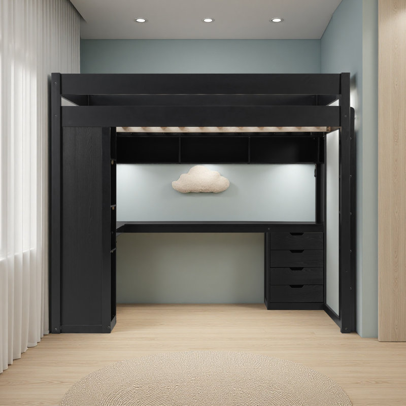 Lit mezzanine en bois massif avec bureau en forme de L et 4 tiroirs, lit mezzanine haut en placage de frêne avec bande lumineuse à contrôle intelligent APP, ports de chargement USB et tablettes ouvertes à 4 niveaux