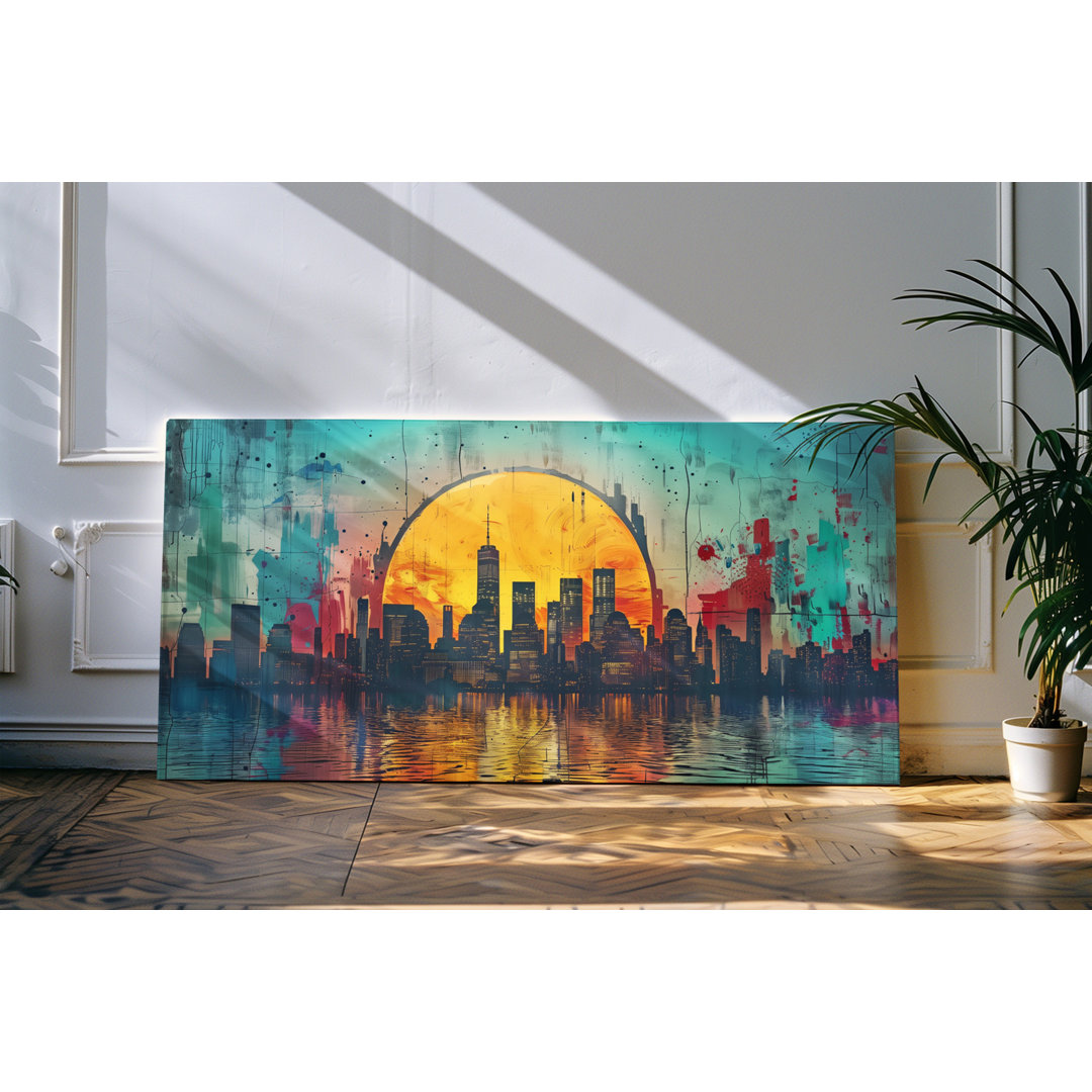 Bilder auf Leinwand 120x60cm Abstrakte Skyline Großstadt Wolkenkratzer Sonne